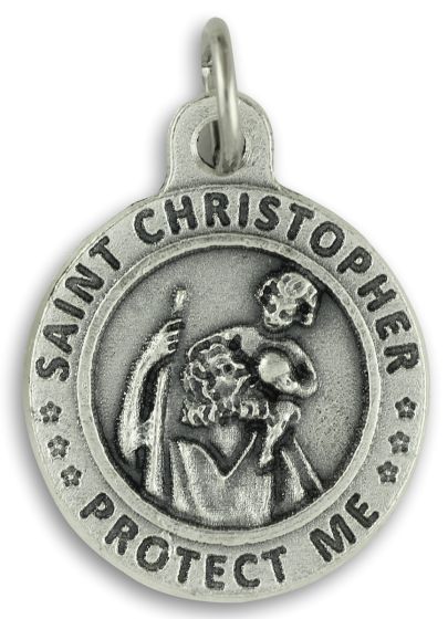 St Christopher Patriotic Medal 3/4” Round Silver Oxidized – Proud to Be an American on Back – Made in Italy Closeout Sale *  (Minimum quantity purchase is 2)