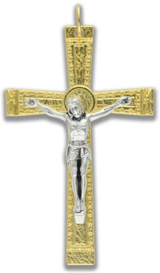 Detailed and Textured Crucifix, Gold Plated with Silver Oxidized Corpus - 2"   (Minimum quantity purchase is 1)