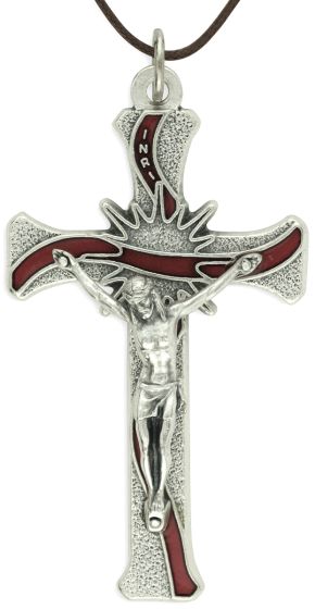 Contemporary Sunburst Crucifix Pendant with Red Enamel - 3 1/8" 