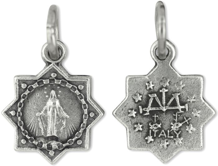Miraculous Medal Star Shape - 1/2" Silver Oxidized, Made in Italy  *  (Minimum quantity purchase is 5)
