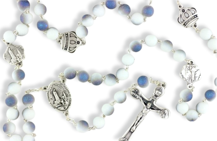  Our Lady of Fatima Rosary with 8mm Blue/White Sand Sparkling Beads - 20 1/2"  *  (Minimum quantity purchase is 1)