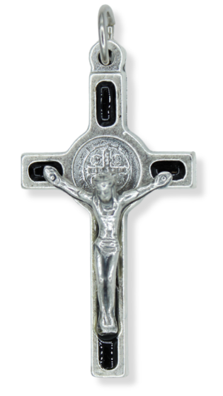 St Benedict Black Enamel Silver Oxidized Crucifix Pendant – 1 1/2", Made in Italy  * (Minimum quantity purchase is 1)