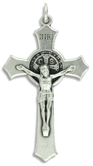 St Benedict Crucifix Pendant (Flared) – 3" Silver Oxidized , Made in Italy *  (Minimum quantity purchase is 1)