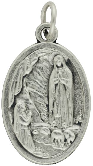 Our Lady of Lourdes Medal (St Bernadette) - 1" Silver Oxidized, Made in Italy * (Minimum quantity purchase is 3)