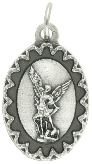 St Michael Medal with Scalloped Edge - 1" Silver Oxidized, Made in Italy  * (Minimum quantity purchase is 2)