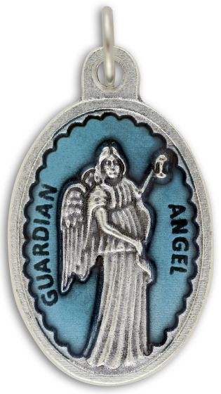  Guardian Angel / Protect Us Medal with Blue Enamel - 1 1/8" - Closeout Sale * (Minimum quantity purchase is 1)