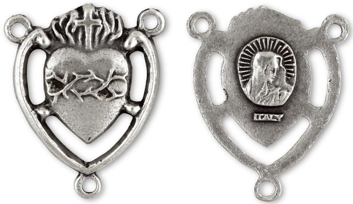 Sacred Heart Rosary Center – 7/8" Silver Oxidized Heart Shape, Made in Italy * (Minimum quantity purchase is 2)