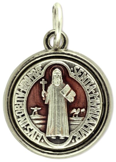  Round Silver w/ Red Enamel St. Benedict Medal  - 1"   (Minimum quantity purchase is 1)