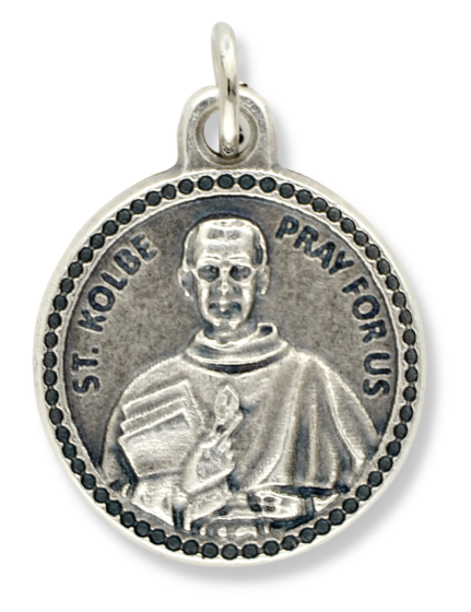 St Maximillian Kolbe (Addictions) Round Medal - 7/8", Silver Ox  (Minimum quantity purchase is 3)