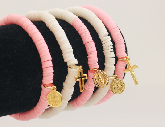Pink and White Clay Bead Catholic Charm Bracelet - Mix and Match (Minimum quantity purchase is 1)