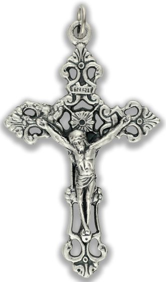 Fleur-de-Lis Crucifix – 2 1/8" Large Silver Oxidized Open Design, Made in Italy * (Minimum quantity purchase is 1)