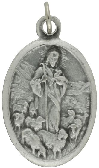 Good Shepherd / Pray For Us Medal  - Italian Silver Oxidized - 1"   (Minimum quantity purchase is 3)