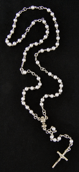 First Communion Rosary with 4 mm White Beads and Holy Eucharist Center with Keepsake Box - 15"