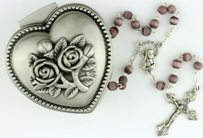 Purple 4mm Bead Rosary with Heart Shaped Box     