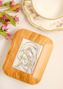 Madonna and Child Hinged Rosary Box - Sterling Silver, Olive Wood (4.3