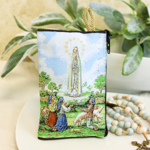 Our Lady of Fatima Full Color  Rosary Pouch with Gold Accents - 4.25 x 2.75