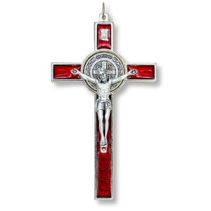 St Benedict Metal Crucifix with Red Enamel Accents - 4.75