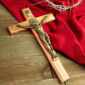  Olive Wood Antique Gold St. Benedict Wall Crucifix  - 12