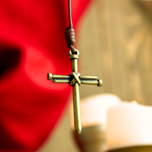 Nail Cross Necklace on Brown Cord, Antique Gold - 32