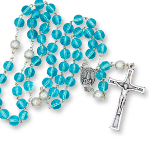 Rosary with 6mm Blue Quartz Glass Beads and Our Lady of Fatima Relic Center - 19.5