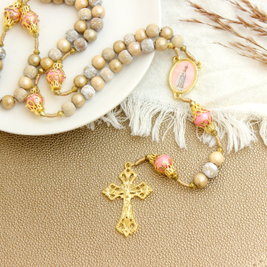Our Lady of Fatima Rosary with White and Gold Wooden Beads - 19