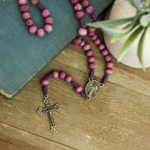 Rosary with 8mm Purple Wooden Beads and Miraculous Center - 15