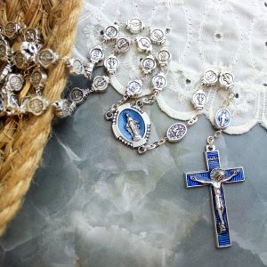 Miraculous Medal Metal Rosary, Silver Ox & Blue Enamel - 19