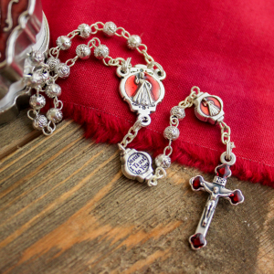 Divine Mercy Rosebud Rosary with Metal Case - Silver Ox & Red Enamel, 15