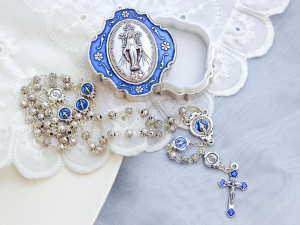 Miraculous Medal Metal Rosary - Silver Ox, Blue Enamel, 15