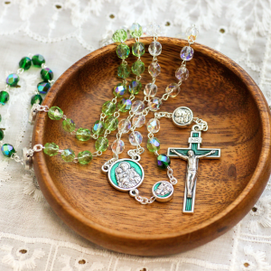 St Joseph Rosary with Green and Clear Crystal Beads - 18