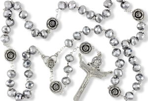 Our Lady of Fatima Rosary with 10 x 8mm Metallic Silver Rondelle Beads and Holy Trinity Crucifix - 21