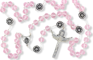 Our Lady of Fatima Rosary with 10 x 8mm Clear Pink Rondelle Beads and Holy Trinity Crucifix - 21