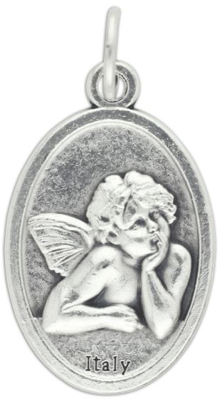  Guardian Angel / Cherub Angel Medal - Silver Oxidized Die Cast - 1"  Made in Italy   (Minimum quantity purchase is 1)