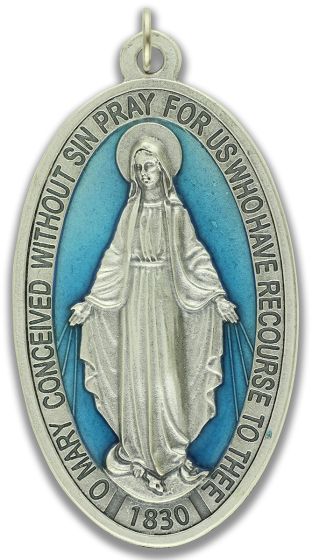 Large Blue Enamel Miraculous Medal (English) - 3 1/2" Silver Oxidized, Made in Italy *  (Minimum quantity to purchase is 1)