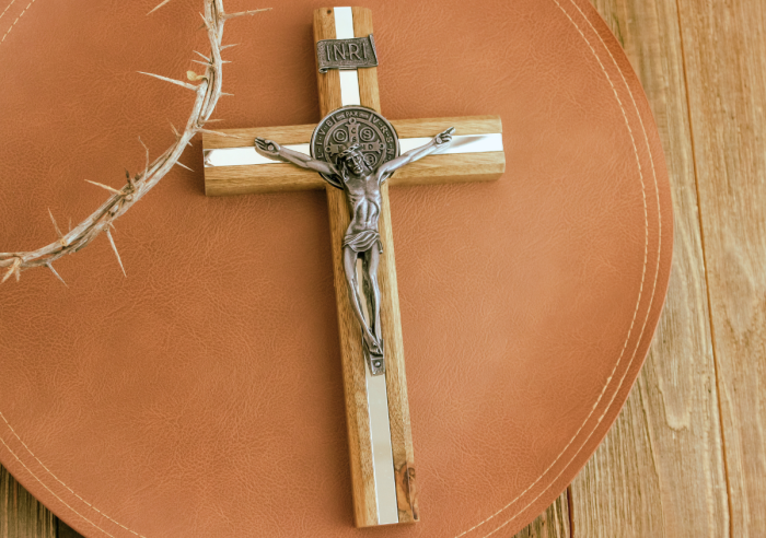 Mirrored St Benedict, Two-Sided Wall Crucifix with Antique Silver Corpus - 10 x 6" *    (Minimum qty purchase is 1)