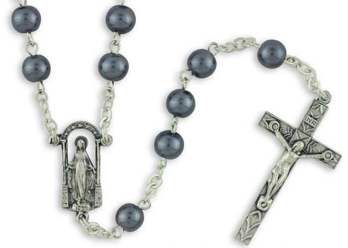   Miraculous Medal Inspired - Faux Hematite Bead Rosary  - 19"