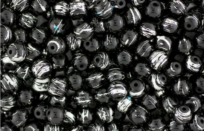 Accented Glass Beads, 8 mm Round Black / Silver - 60 per pack *  (Minimum quantity purchase is 2)