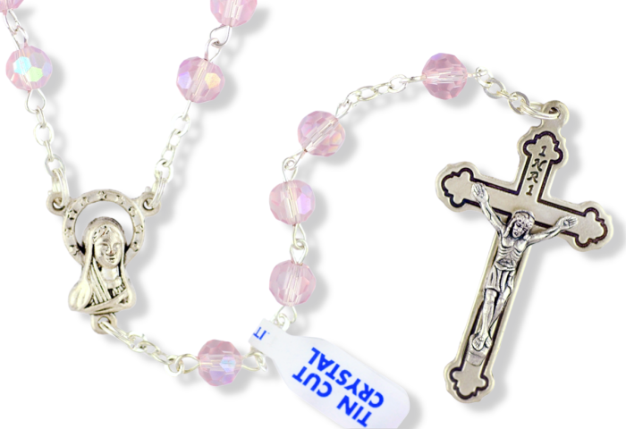  Pink AB Tin Cut Crystal Rosary, 6 mm Beads - 18"  