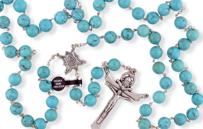   Large Rosary with 10mm Semi Precious Turquoise Beads and Miraculous Medal Center - 20 3/4" *  (Minimum quantity purchase is 1)
