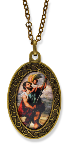  Saint Christopher Large Necklace/ Car Mirror Pendant - Bronze Finish 1 7/8" Color Medal with 22" Chain   (Minimum quantity purchase is 1)