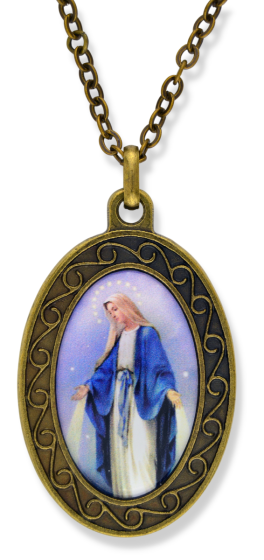  Our Lady of Grace Large Necklace/ Car Mirror Pendant - Bronze Finish 1 7/8" Color Medal with 22" Chain (Minimum quantity purchase is 1)