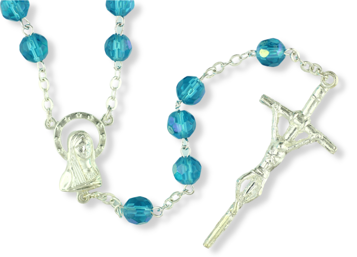  AB Aqua /March/ December 7mm Glass Bead Rosary - 20 1/2"   (Minimum quantity purchase is 1)