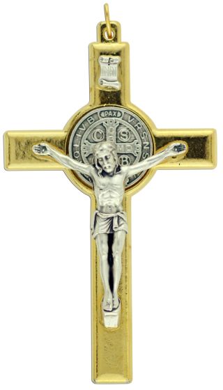 St Benedict Two Tone Crucifix Pendant - 3 1/8" Made in Italy *    (Minimum quantity purchase is 1)