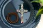 St Benedict Crucifix Pendant (Red Enamel Geometric Inlay) – 3 1/8" Silver Oxidized with 32" Cord, Made in Italy * (Minimum quantity purchase is 1)