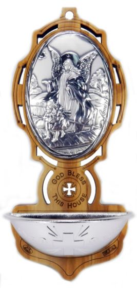 Guardian Angel Holy Water Font (God Bless this House) - 6" Olivewood & Sterling Silver, Made in Italy  * (Minimum quantity purchase is 1)