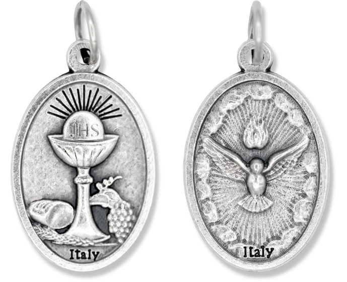  Holy Spirit and First Holy Communion Sacrament Medal, 1" Oval Silver Oxidized   (Minimum quantity purchase is 3)