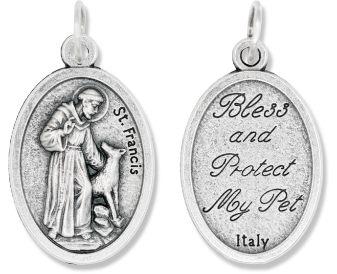 St Francis Bless and Protect My Pet Medal, 1" Silver Oxidized Oval Medal, Made in Italy OUT OF STOCK!   CHECK OUT ME1865!/ME1937 OR ME7237!    (Minimum quantity purchase is 2)