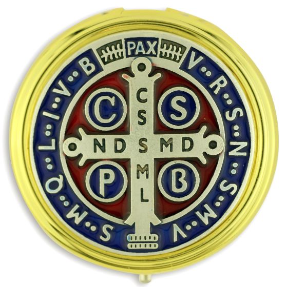 St Benedict Seal Pyx/Rosary Case  with Red and Blue Accents - 2 1/4" NO WHITE INSERT in Diameter  