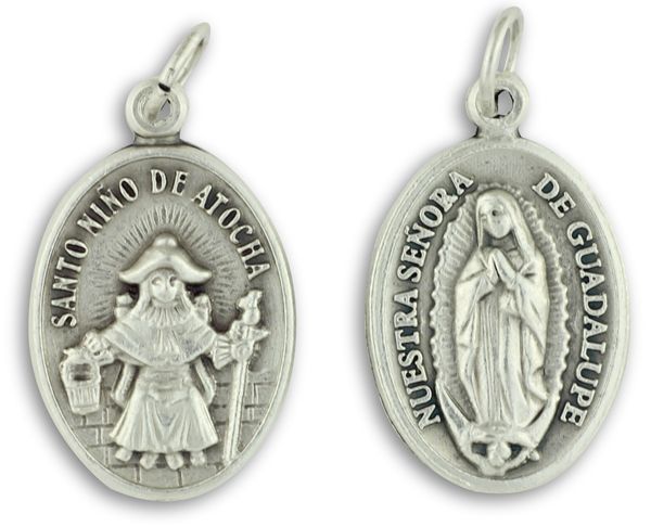 Our Lady of Guadalupe Medal 1” Oval Silver Oxidized – Niño de Atocha on Back – Made in Italy Closeout Sale *   (Minimum quantity purchase is 3)