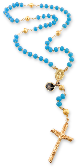 Rosary with Aqua Blue Glass Beads and Gold Plated Center and Crucifix - 18"  